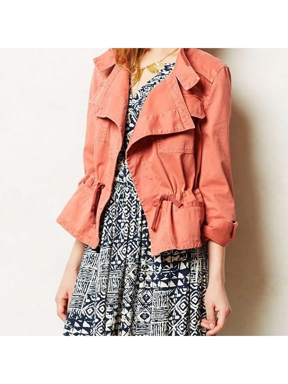 Anthropologie Hei Hei Anorak Jacket Drawstring Button Front Melon Pink Small